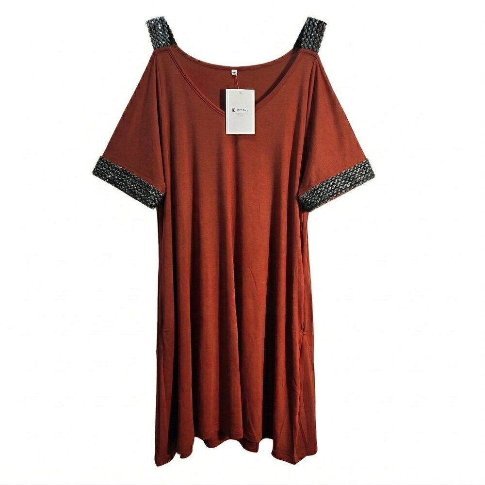 NWT | Kipfall | Burnt Orange Sequin Trim Cold Shoulder Open Arm Dress with Pocke
